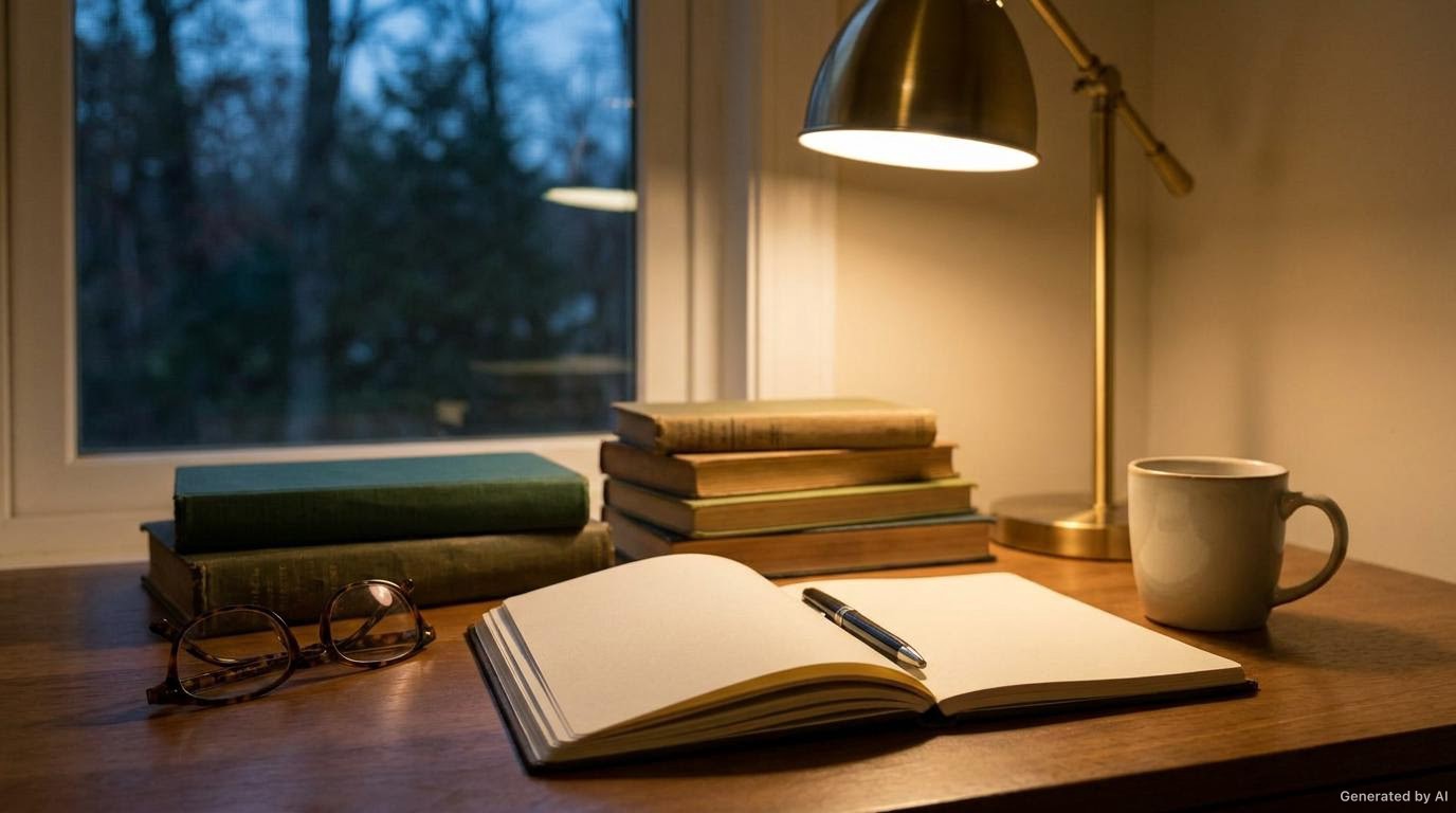 An open notebook, pen, and reading lamp on a warm desk, suggesting a reflective writing and research setting