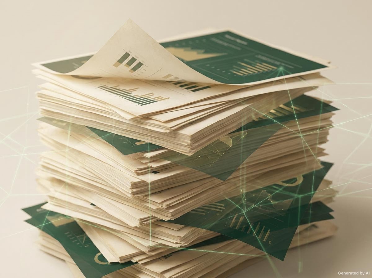 Abstract visual of AI technology intersecting with accounting documents and digital ledgers
